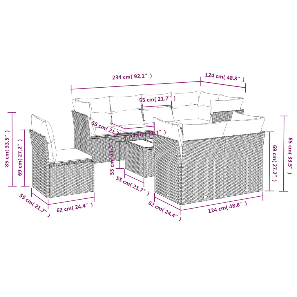 9-delige Loungeset met kussens poly rattan grijs