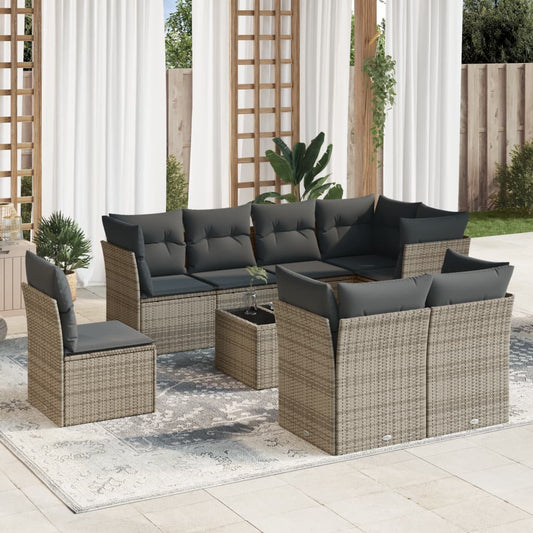 9-delige Loungeset met kussens poly rattan grijs