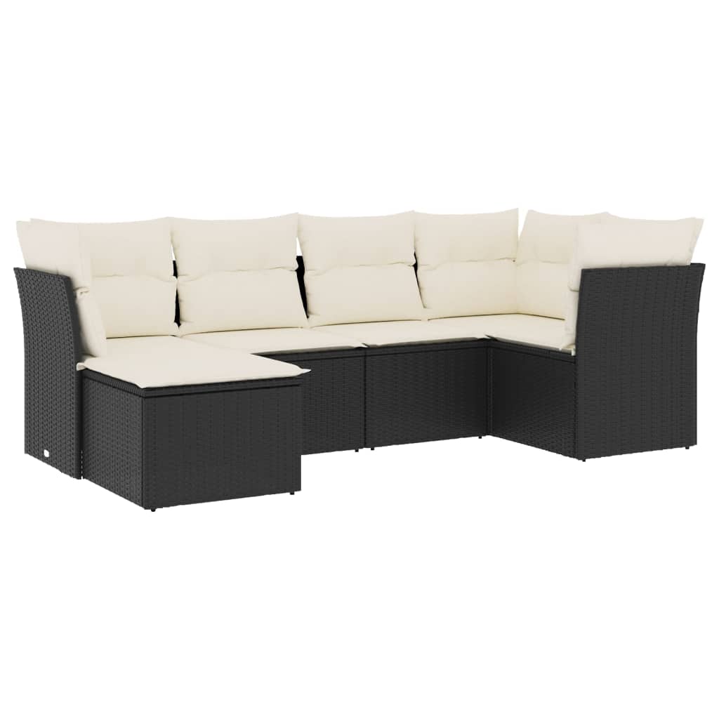 6-delige Loungeset met kussens poly rattan zwart