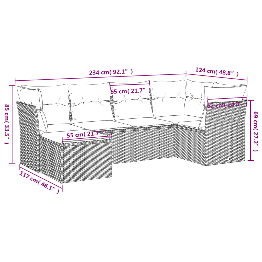 6-delige Loungeset met kussens poly rattan zwart