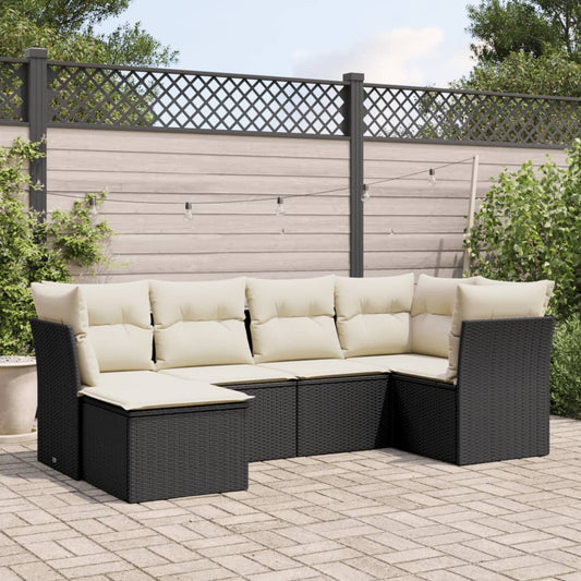 6-delige Loungeset met kussens poly rattan zwart