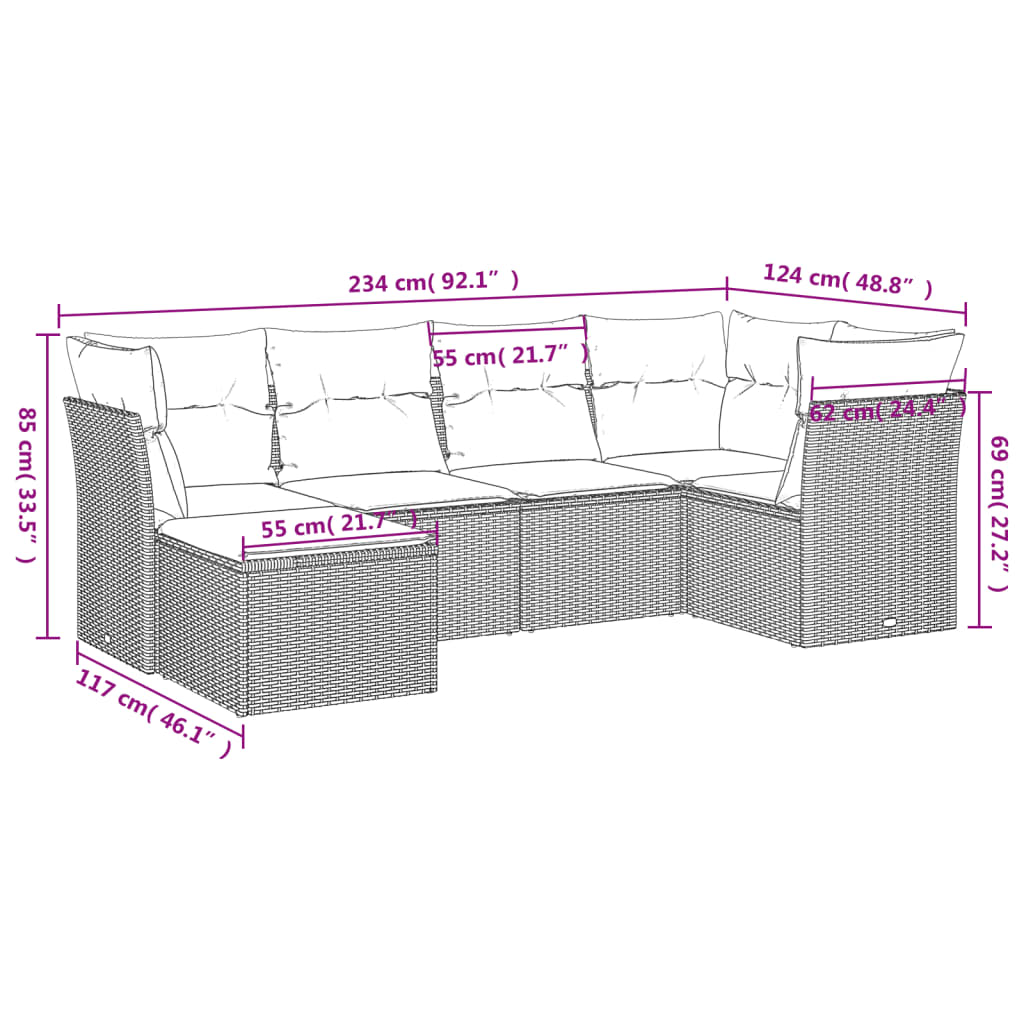 6-delige Loungeset met kussens poly rattan grijs