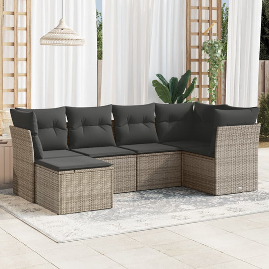 6-delige Loungeset met kussens poly rattan grijs