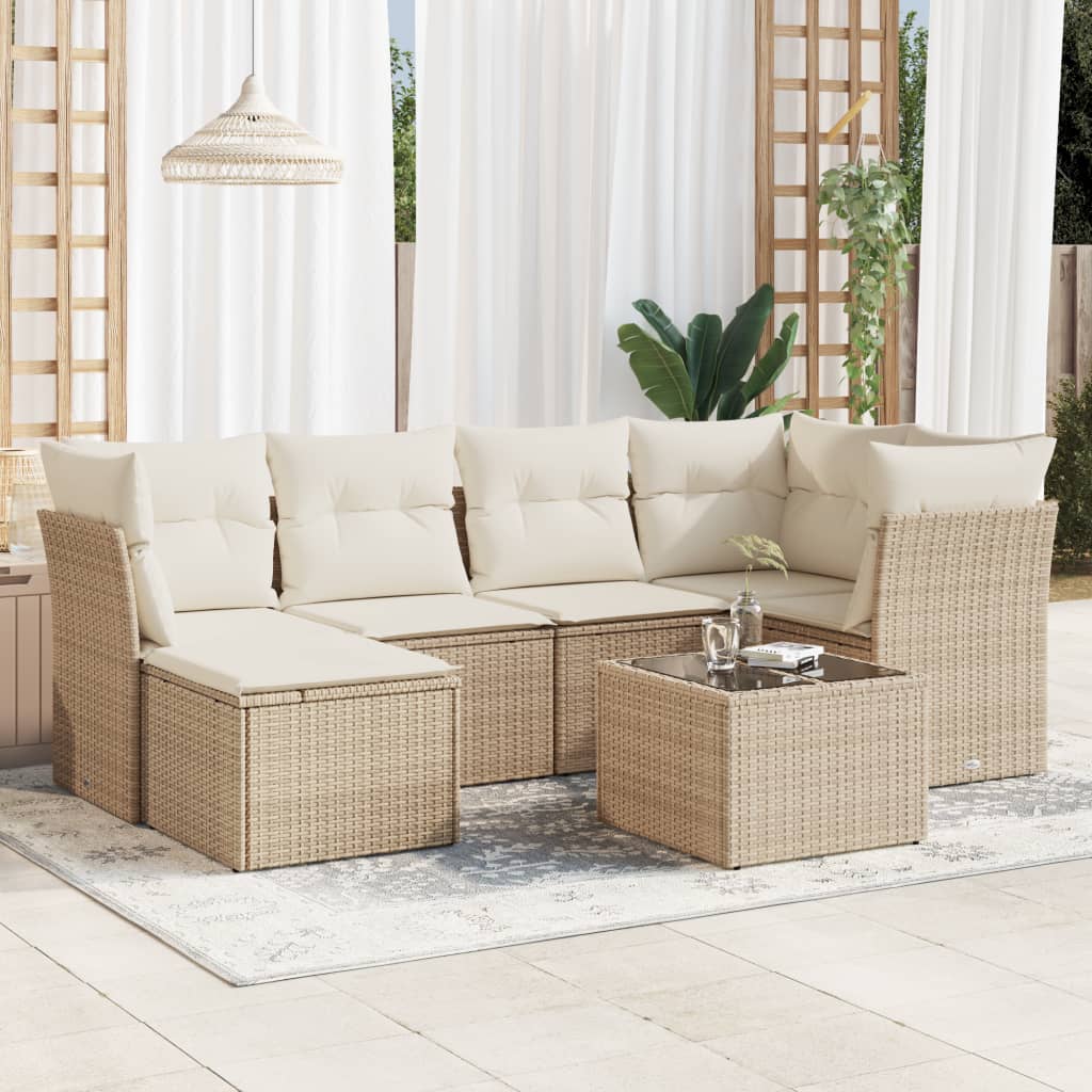 7-delige Loungeset met kussens poly rattan beige