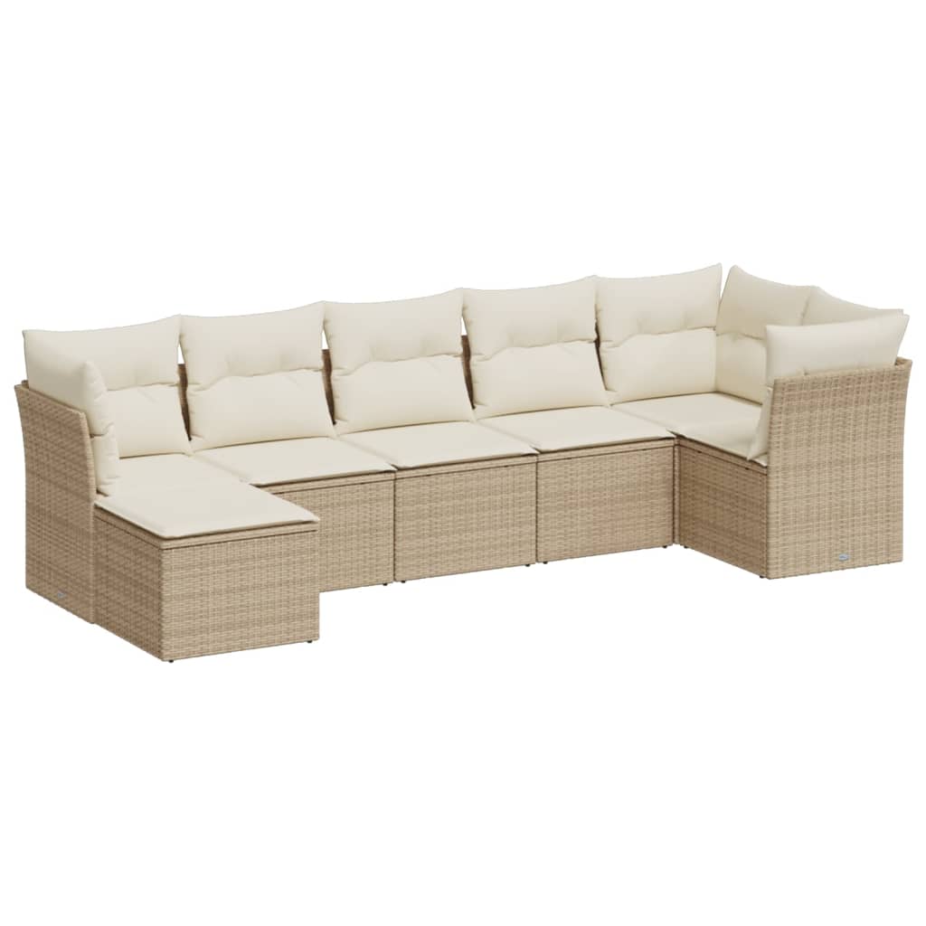 7-delige Loungeset met kussens poly rattan beige