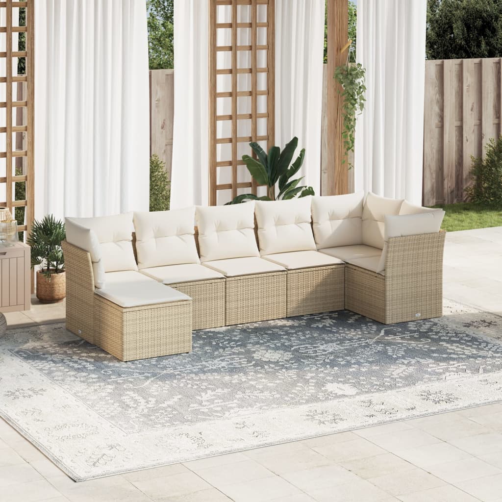 7-delige Loungeset met kussens poly rattan beige