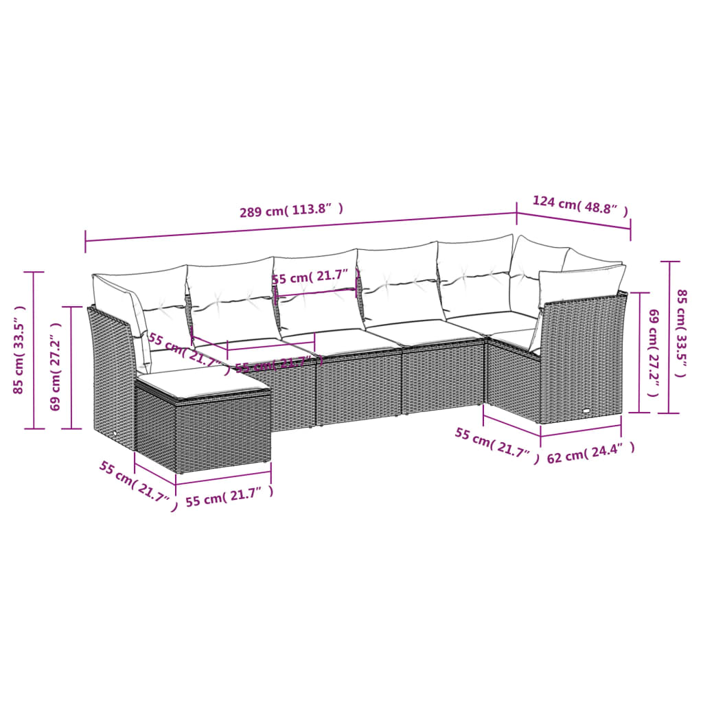 7-delige Loungeset met kussens poly rattan lichtgrijs