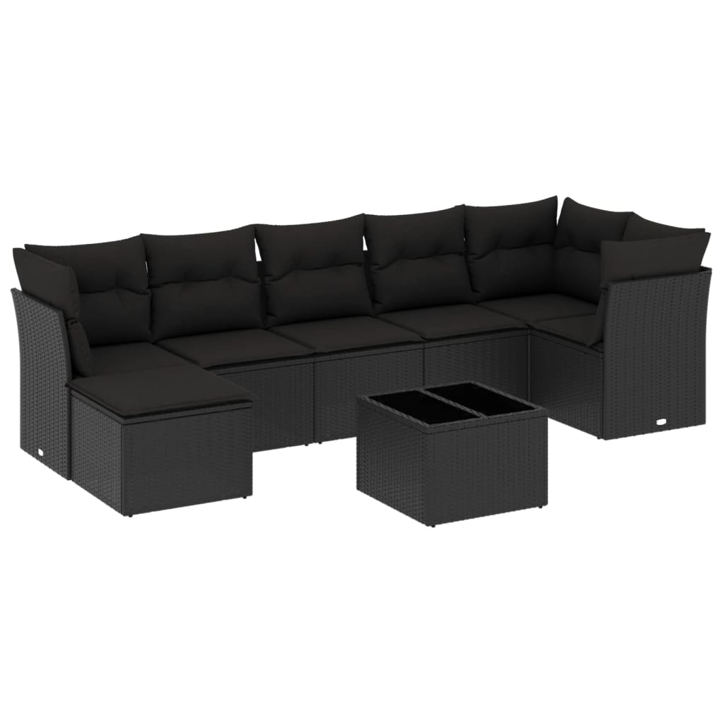 8-delige Loungeset met kussens poly rattan zwart