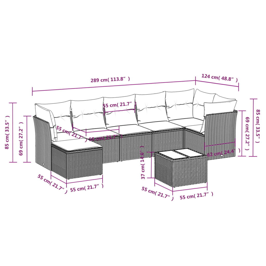 8-delige Loungeset met kussens poly rattan zwart