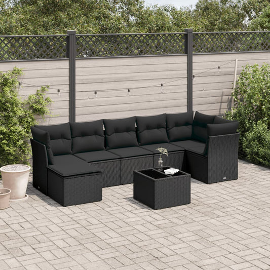 8-delige Loungeset met kussens poly rattan zwart