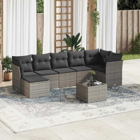 8-delige Loungeset met kussens poly rattan grijs