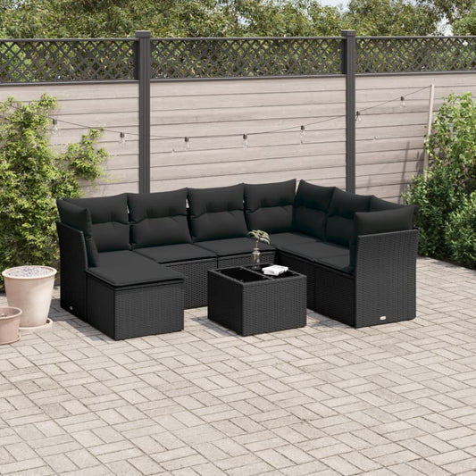 8-delige Loungeset met kussens poly rattan zwart