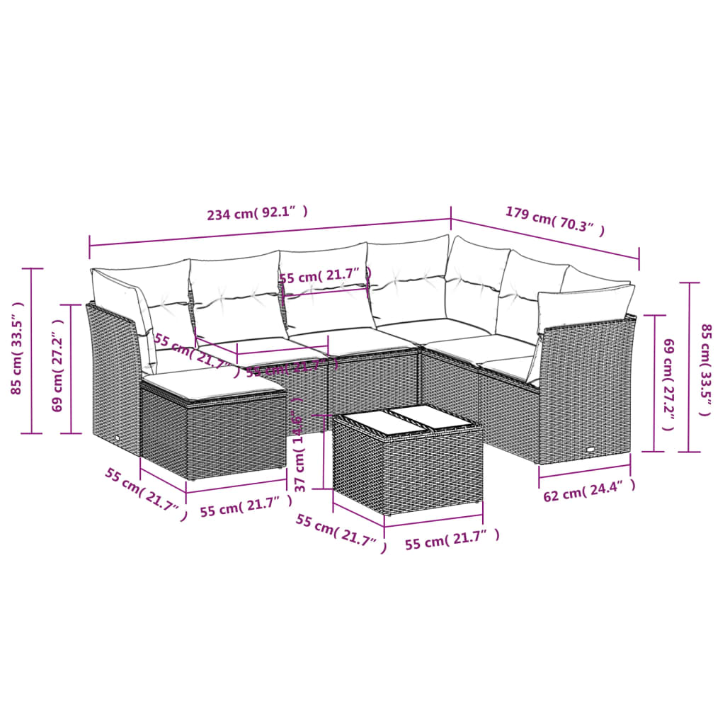 8-delige Loungeset met kussens poly rattan grijs