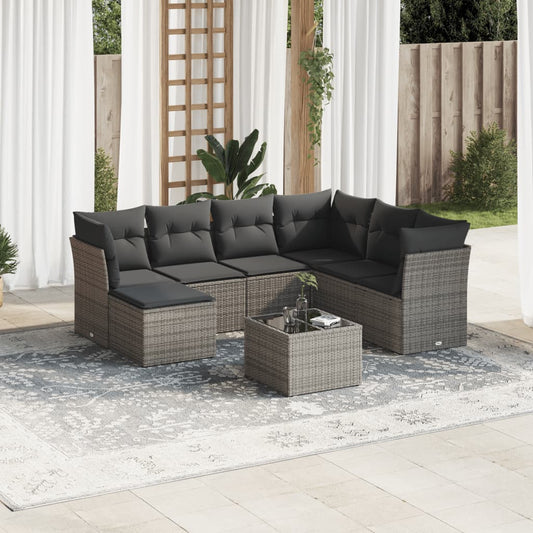 8-delige Loungeset met kussens poly rattan grijs