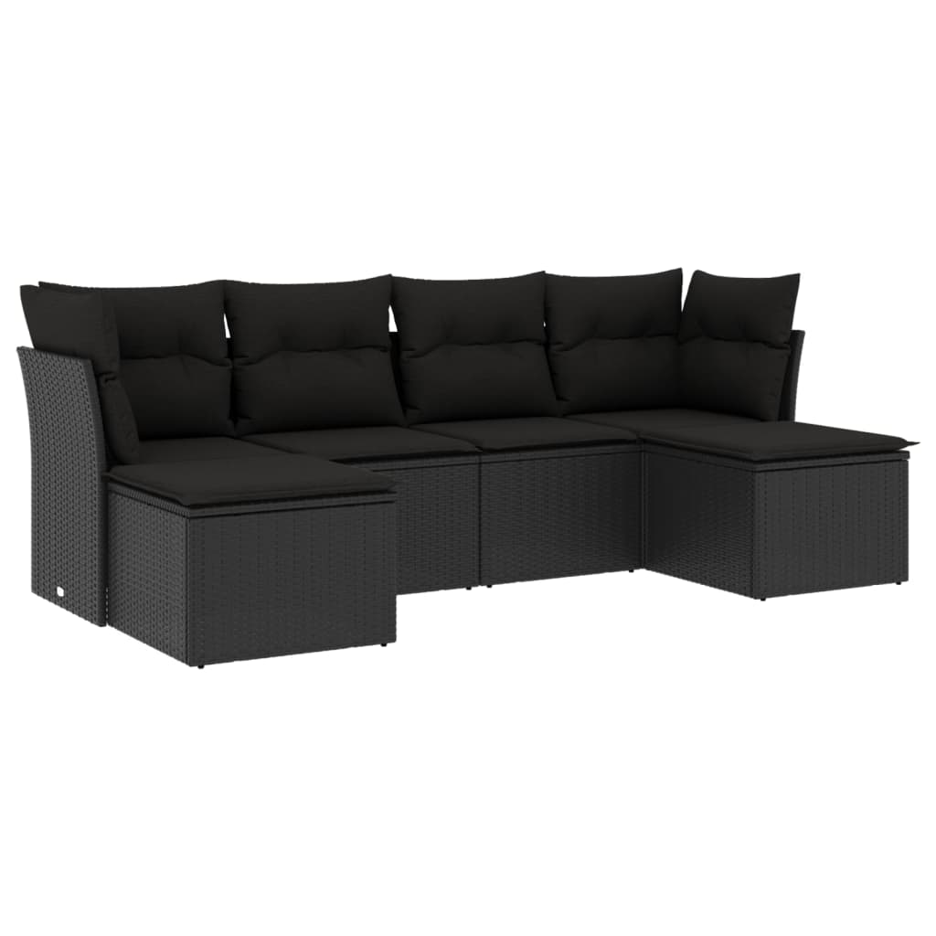 6-delige Loungeset met kussens poly rattan zwart