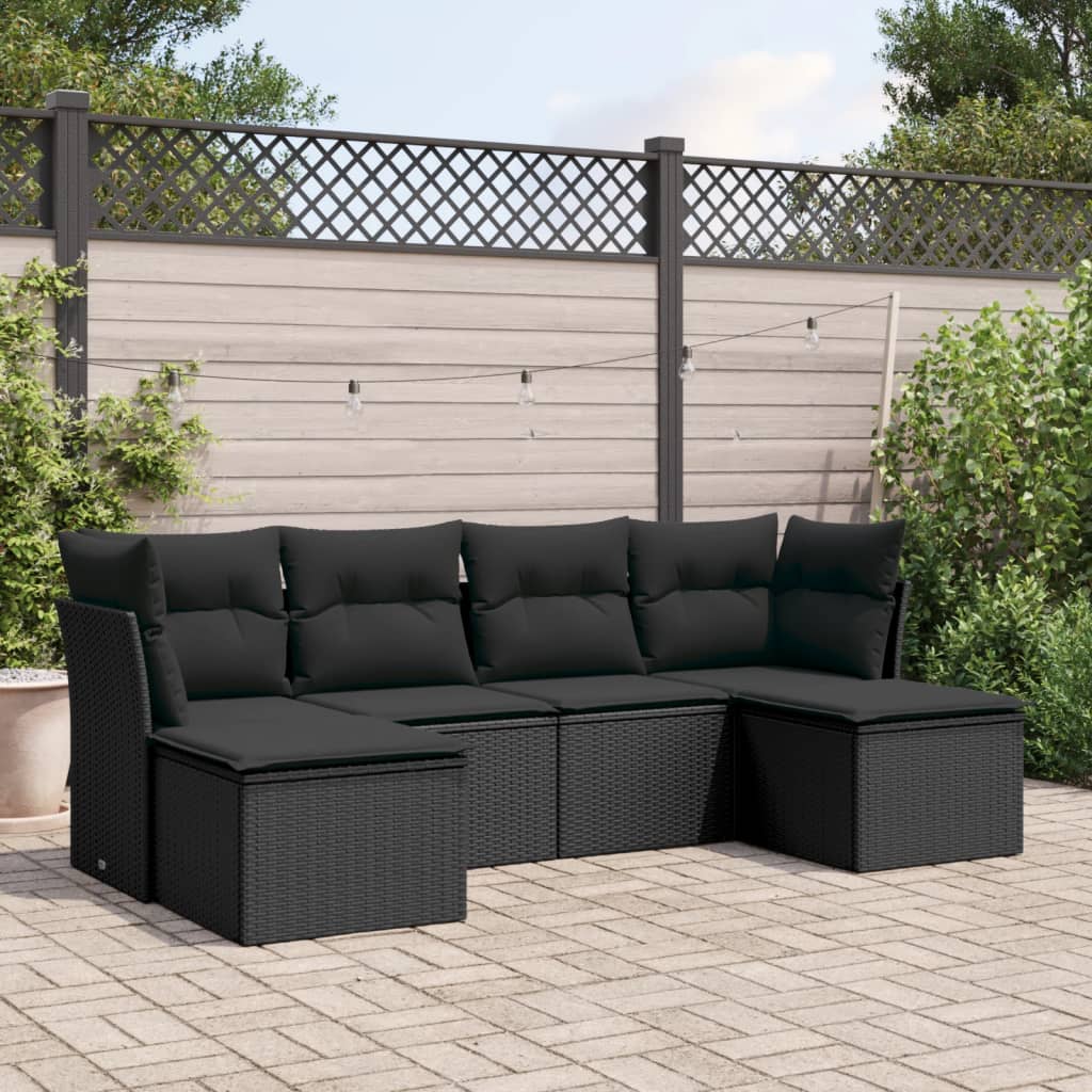 6-delige Loungeset met kussens poly rattan zwart