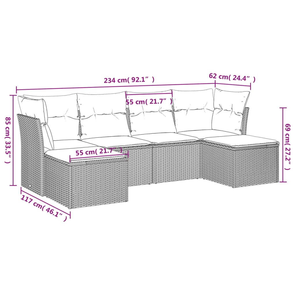 6-delige Loungeset met kussens poly rattan zwart