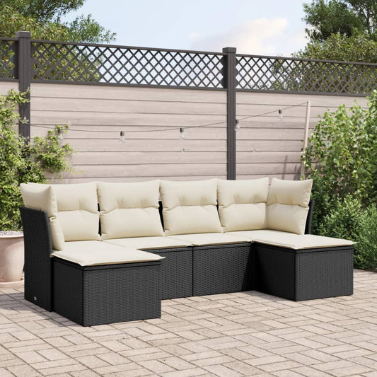 6-delige Loungeset met kussens poly rattan zwart