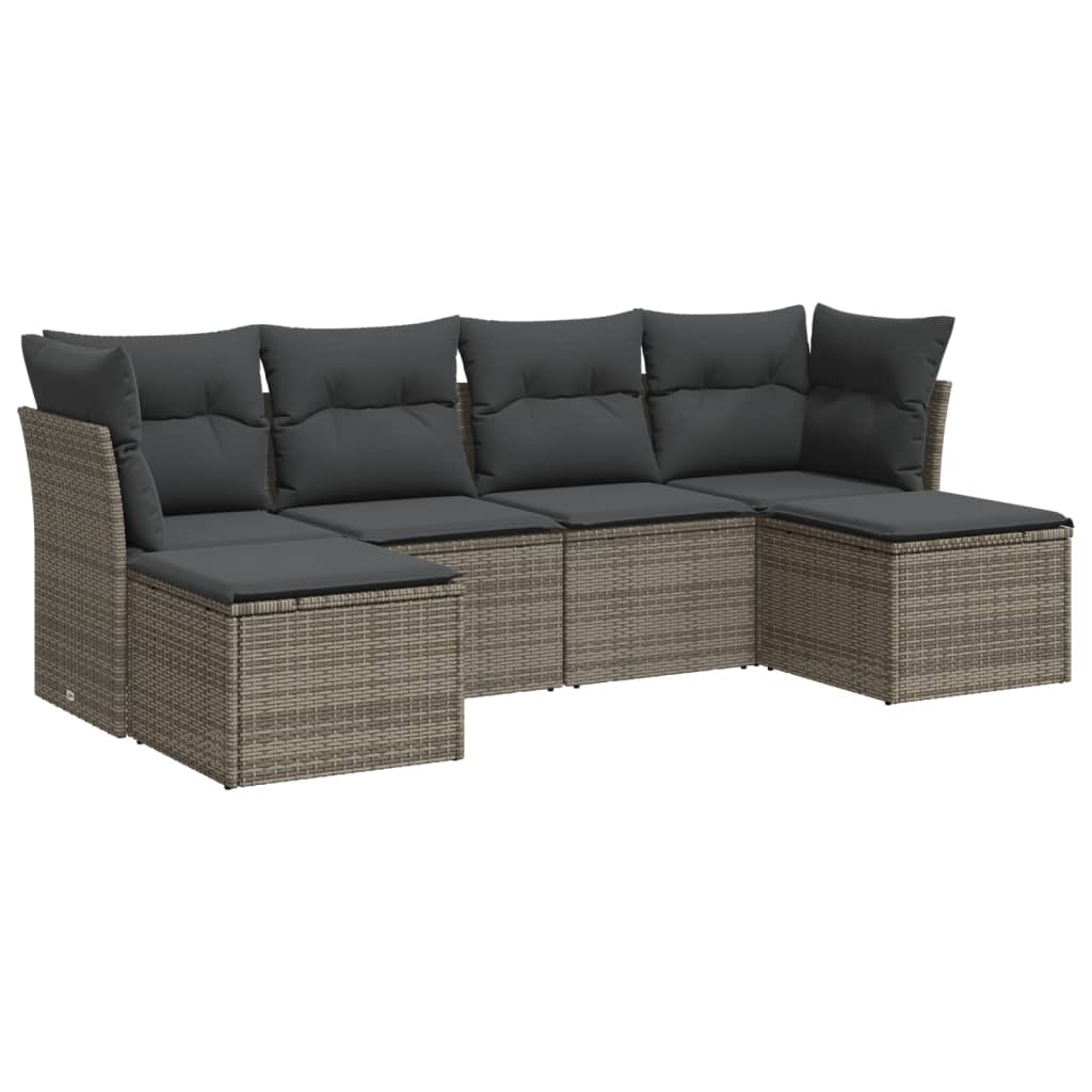 6-delige Loungeset met kussens poly rattan grijs