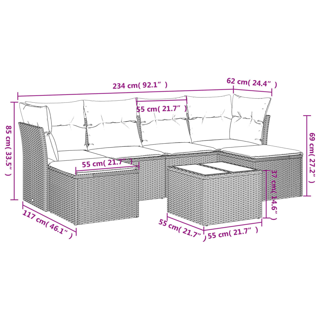 7-delige Loungeset met kussens poly rattan bruin