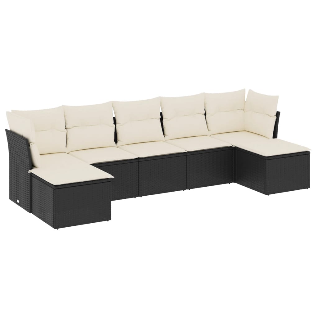 7-delige Loungeset met kussens poly rattan zwart