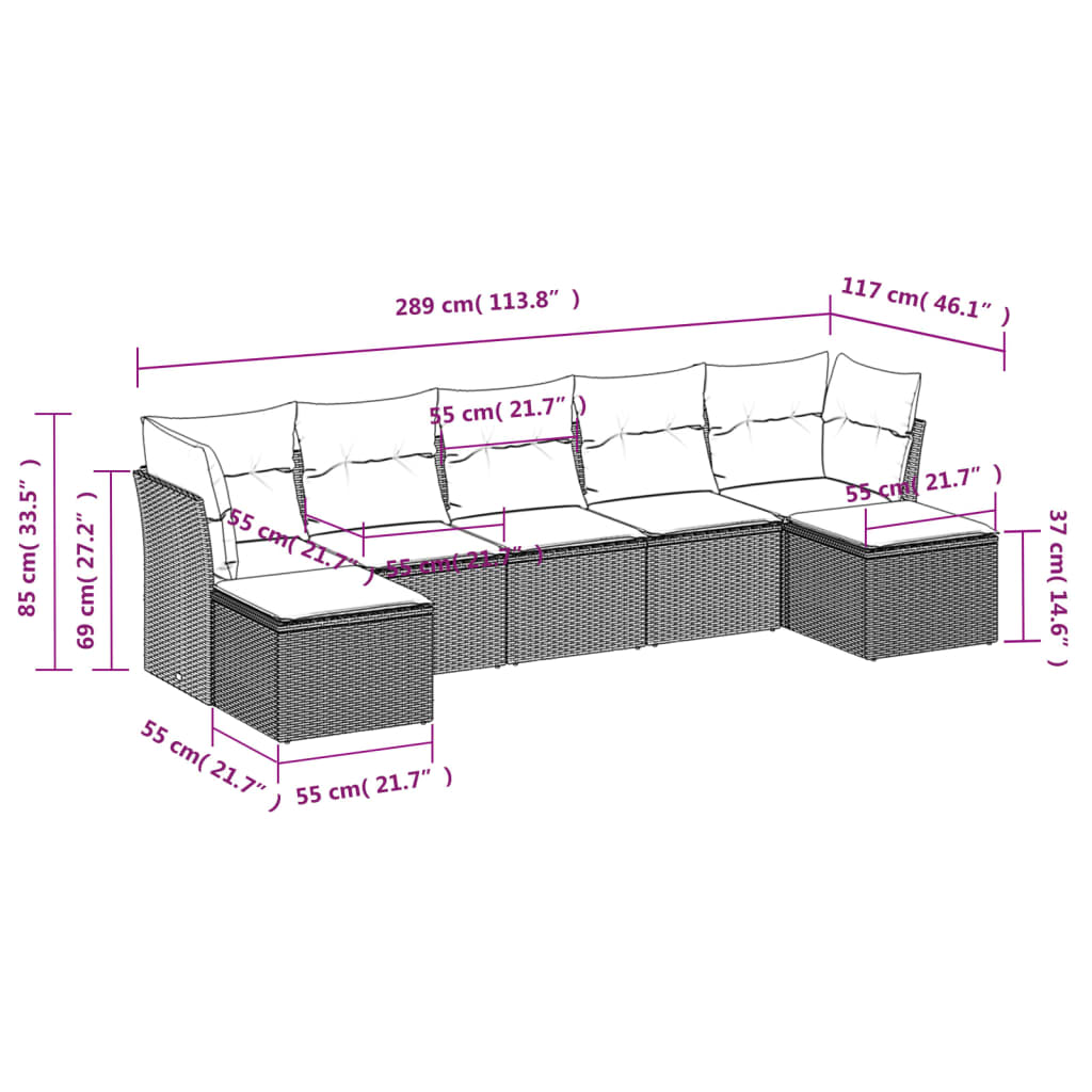 7-delige Loungeset met kussens poly rattan zwart