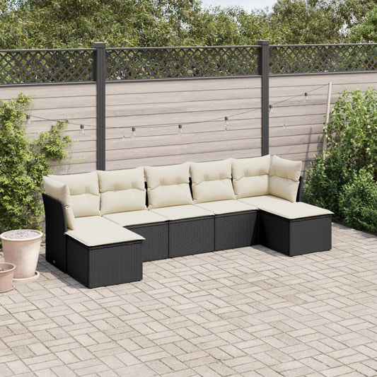 7-delige Loungeset met kussens poly rattan zwart