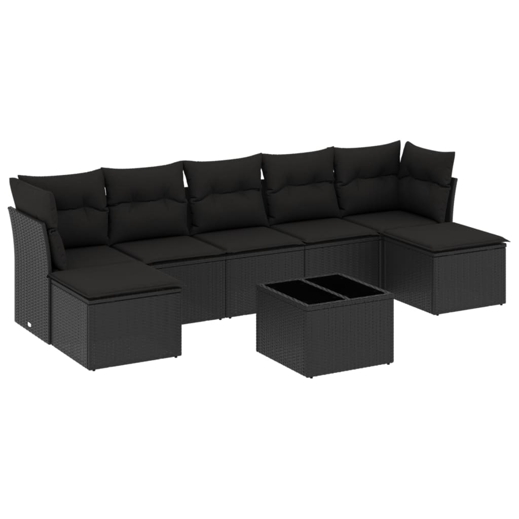 8-delige Loungeset met kussens poly rattan zwart