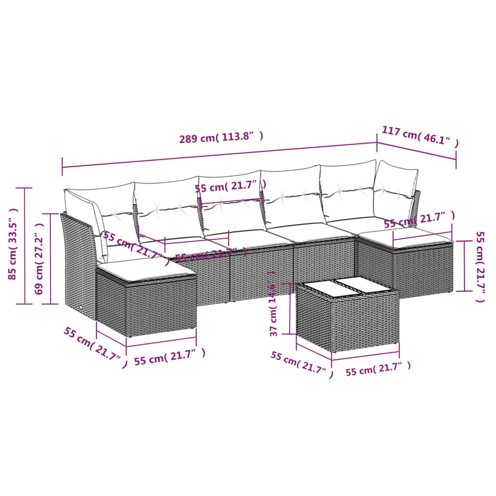 8-delige Loungeset met kussens poly rattan zwart