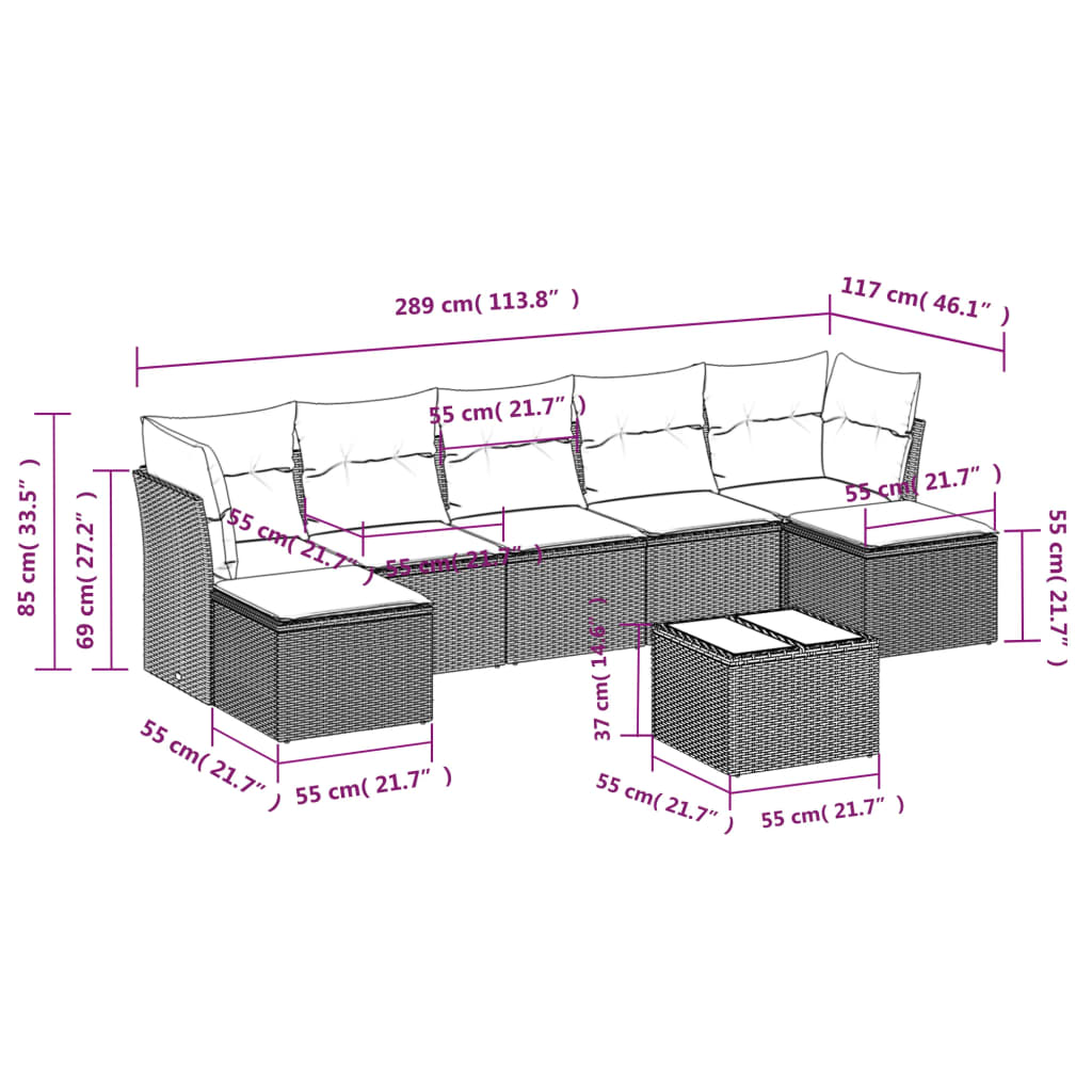 8-delige Loungeset met kussens poly rattan lichtgrijs