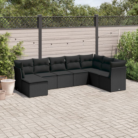 8-delige Loungeset met kussens poly rattan zwart