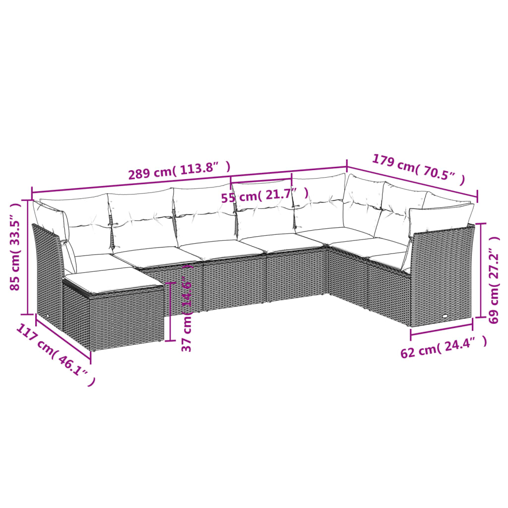 8-delige Loungeset met kussens poly rattan beige