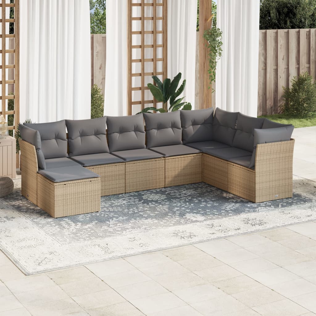 8-delige Loungeset met kussens poly rattan beige