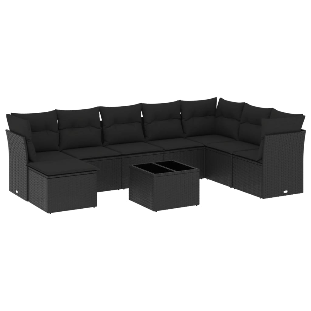 9-delige Loungeset met kussens poly rattan zwart