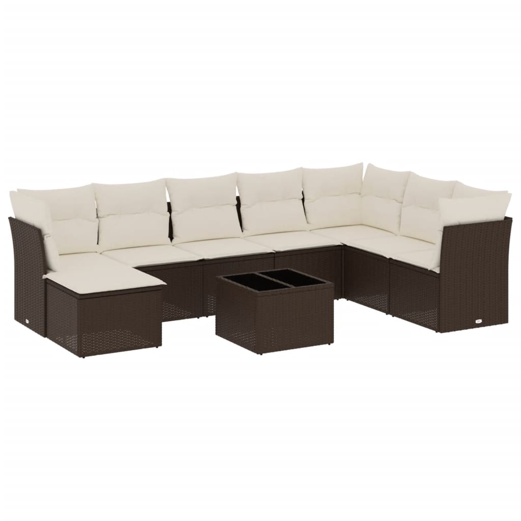 9-delige Loungeset met kussens poly rattan bruin