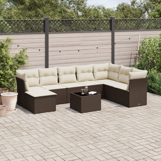 9-delige Loungeset met kussens poly rattan bruin