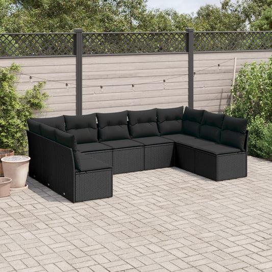 9-delige Loungeset met kussens poly rattan zwart