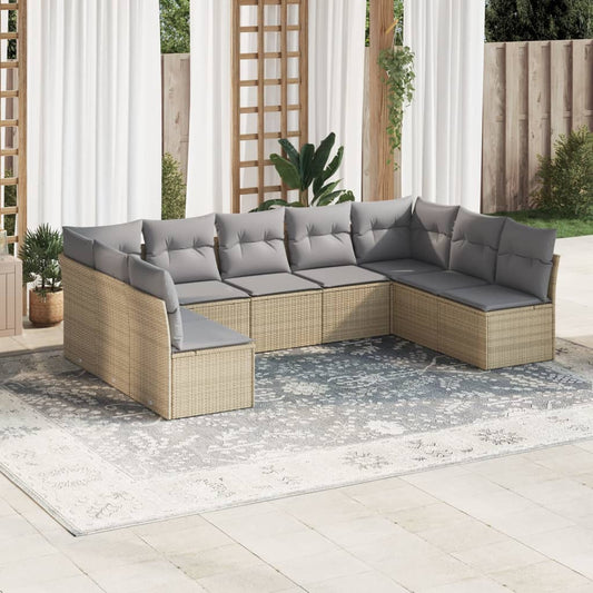 9-delige Loungeset met kussens poly rattan beige