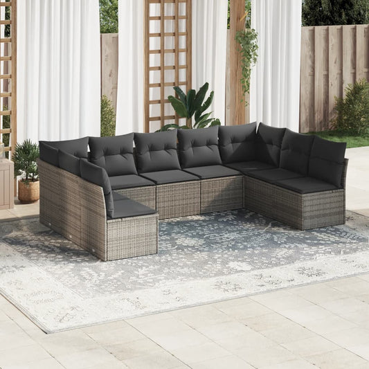 9-delige Loungeset met kussens poly rattan grijs