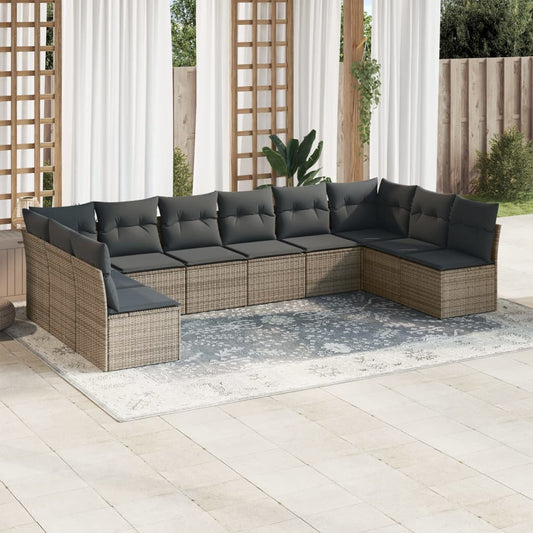 10-delige Loungeset met kussens poly rattan grijs