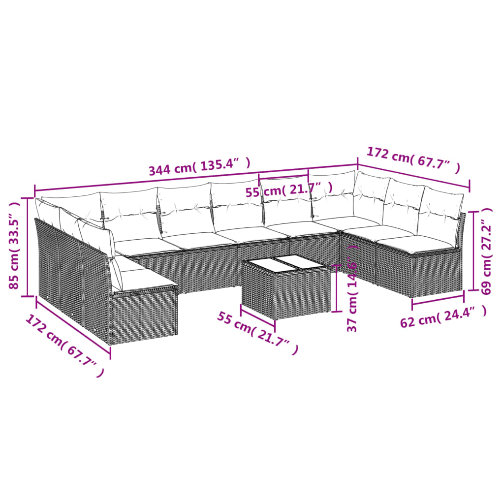 11-delige Tuinset met kussens poly rattan beige