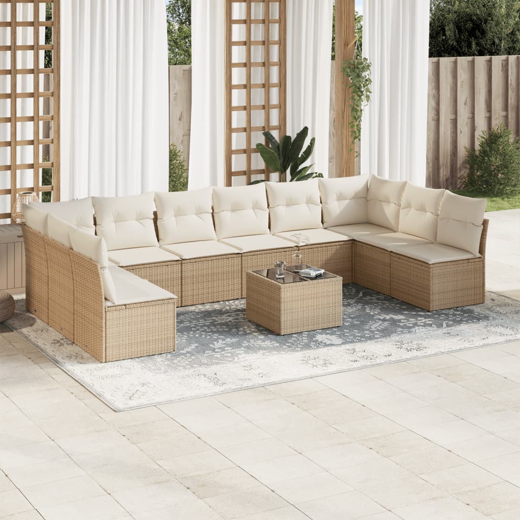 11-delige Tuinset met kussens poly rattan beige