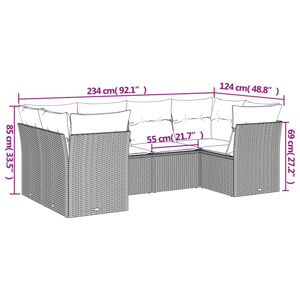 6-delige Loungeset met kussens poly rattan zwart