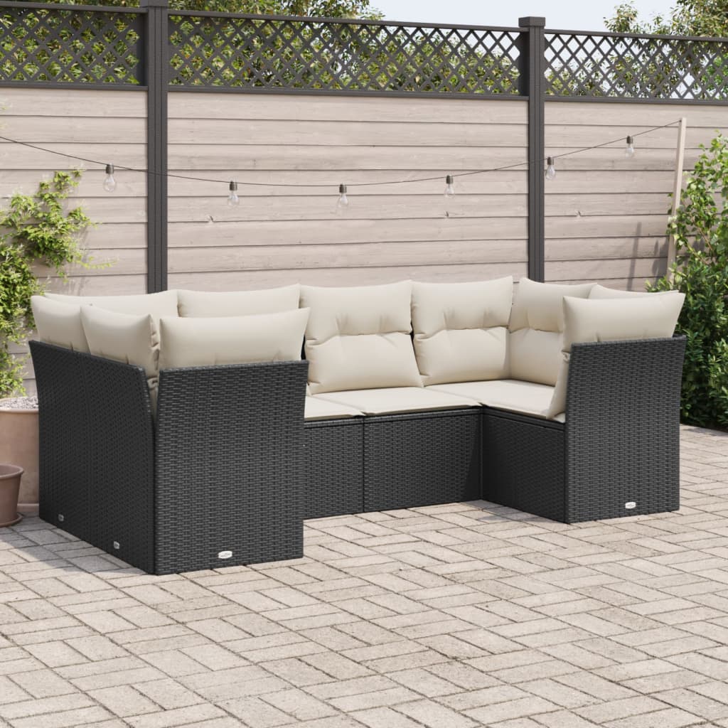 6-delige Loungeset met kussens poly rattan zwart