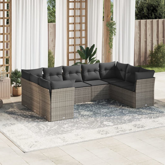 9-delige Loungeset met kussens poly rattan grijs