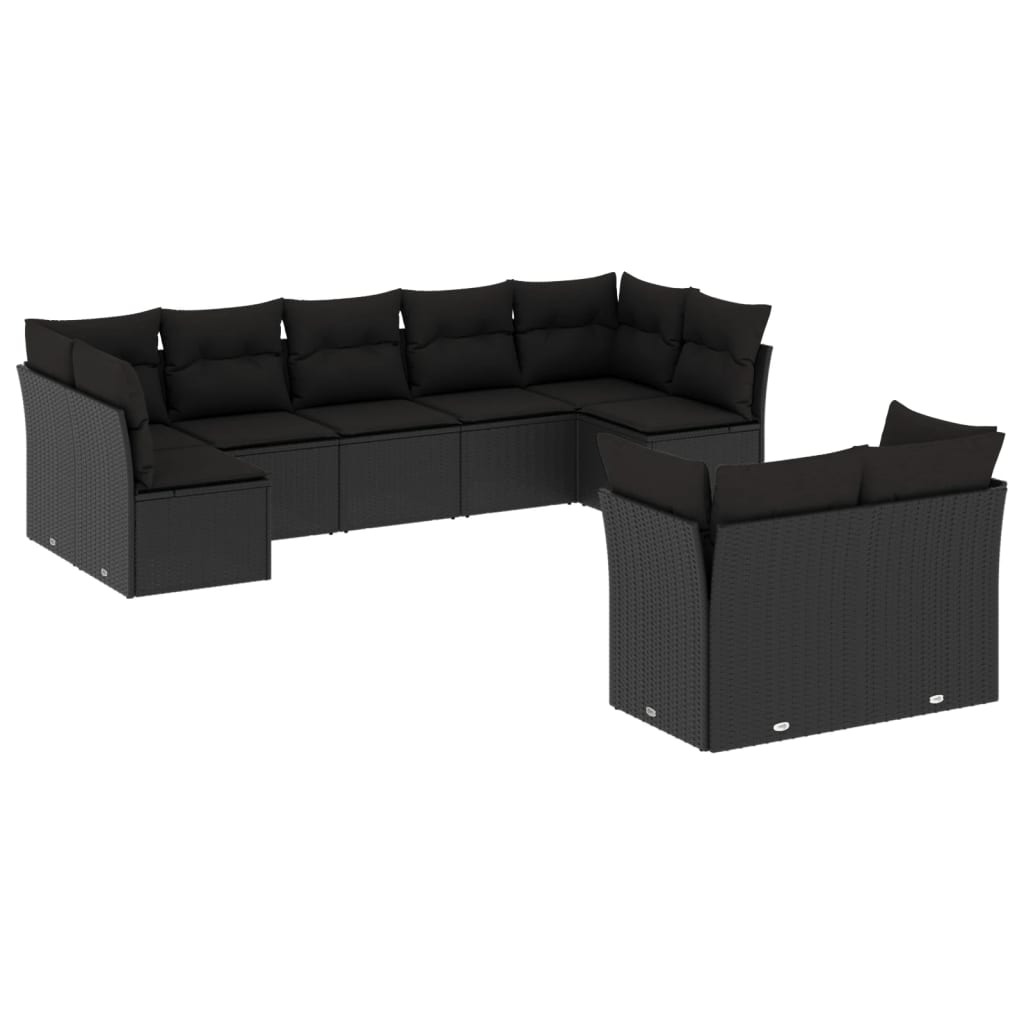 9-delige Loungeset met kussens poly rattan zwart