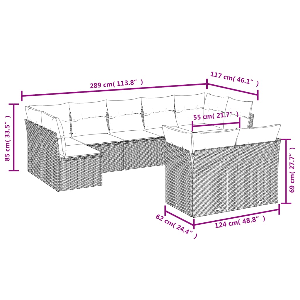 9-delige Loungeset met kussens poly rattan zwart