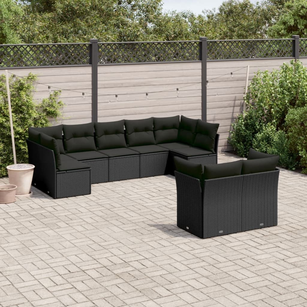 9-delige Loungeset met kussens poly rattan zwart