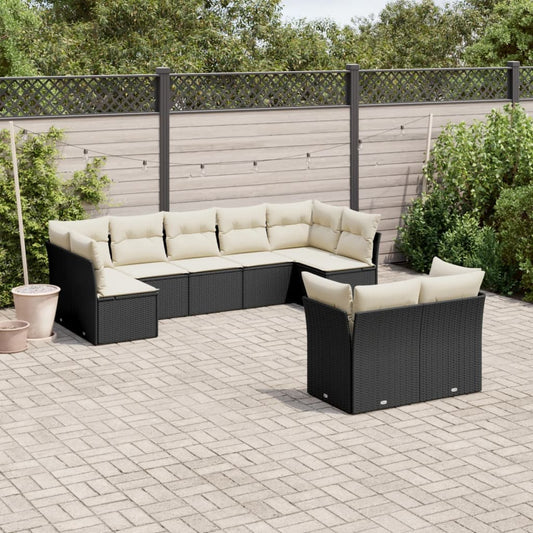 9-delige Loungeset met kussens poly rattan zwart