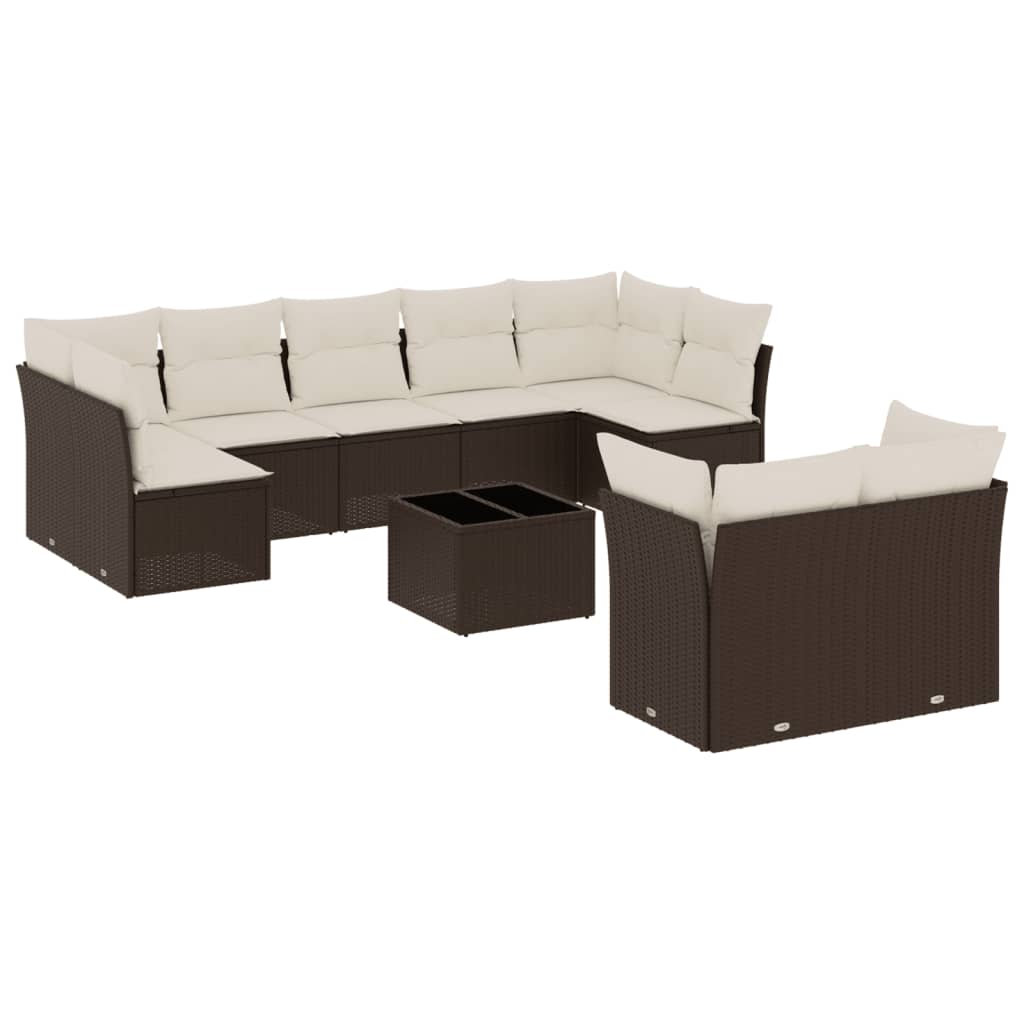 10-delige Loungeset met kussens poly rattan bruin